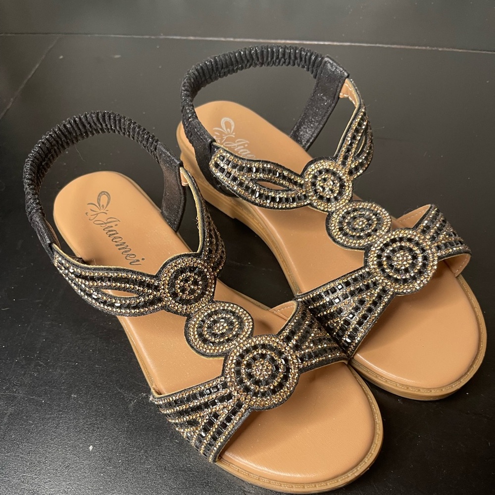 Beaded Black and Gold Women's Sandals 7.5